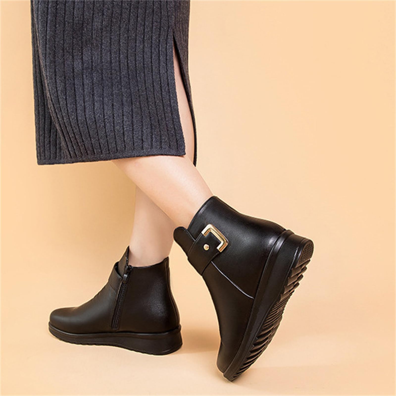 Bottes orthopédiques en cuir véritable avec boucle en métal pour femme - Chaudes et antidérapantes - En velours - Pour l'hiver
