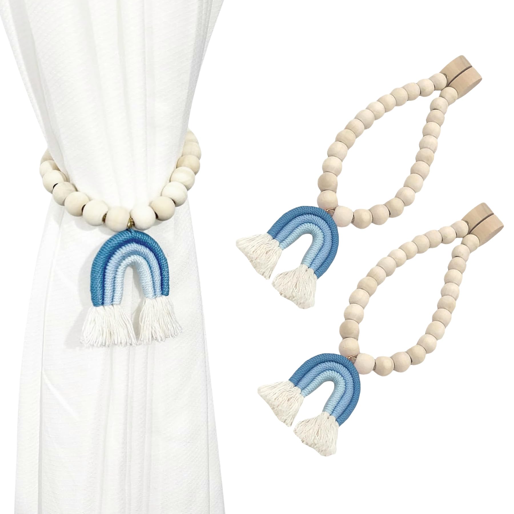 REAIJUNPIN 2PCS Wooden Boho Curtain Tiebacks - Rainbow - Blue