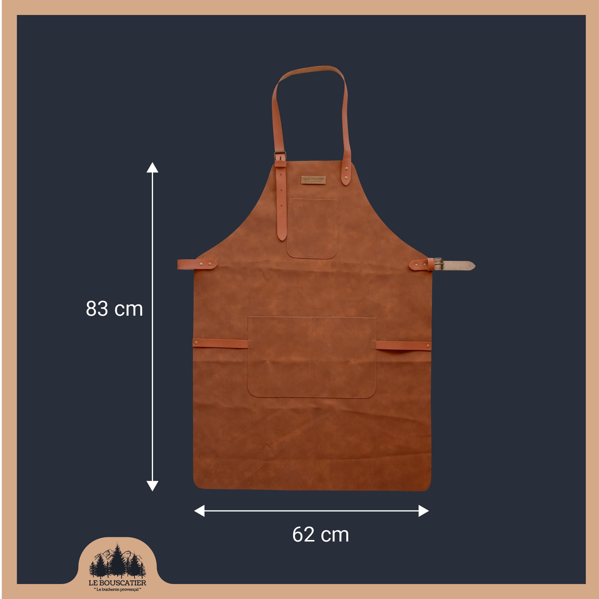 Le Bouscatier Fartuch kuchenny ze skóry do grilla, plancha, paleniska, grilla, regulowany, wytrzymały i lekki, idealny do kuchni na zewnątrz i wewnątrz, ochrona tułowia i ud