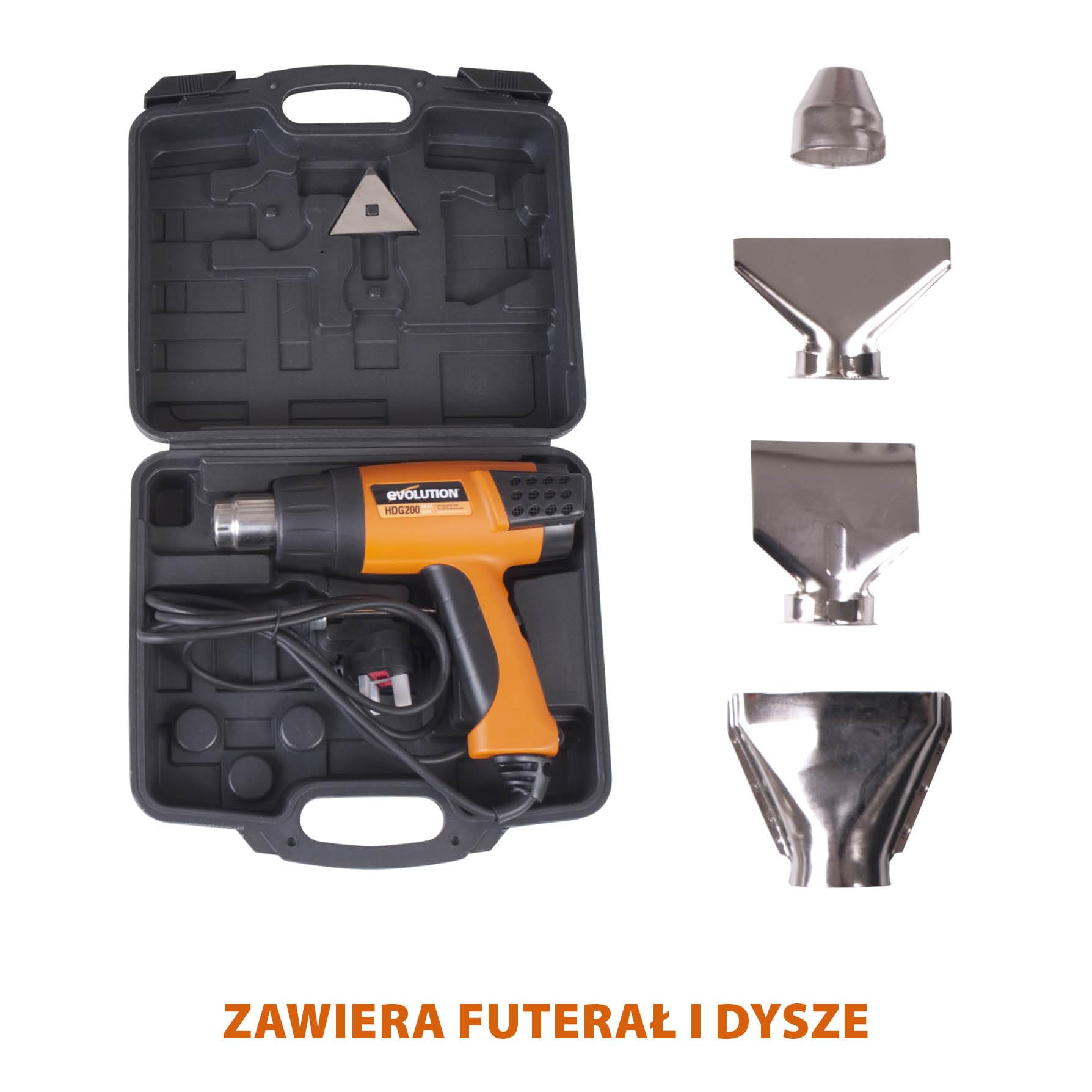 Evolution Power Tools HDG200 Cyfrowa opalarka z regulacją temperatury (opalarka na gorące powietrze) Zakres temperatur od 50 do 630¡ – W zestawie: futerał, 4 x dysze i skrobak, 230V
