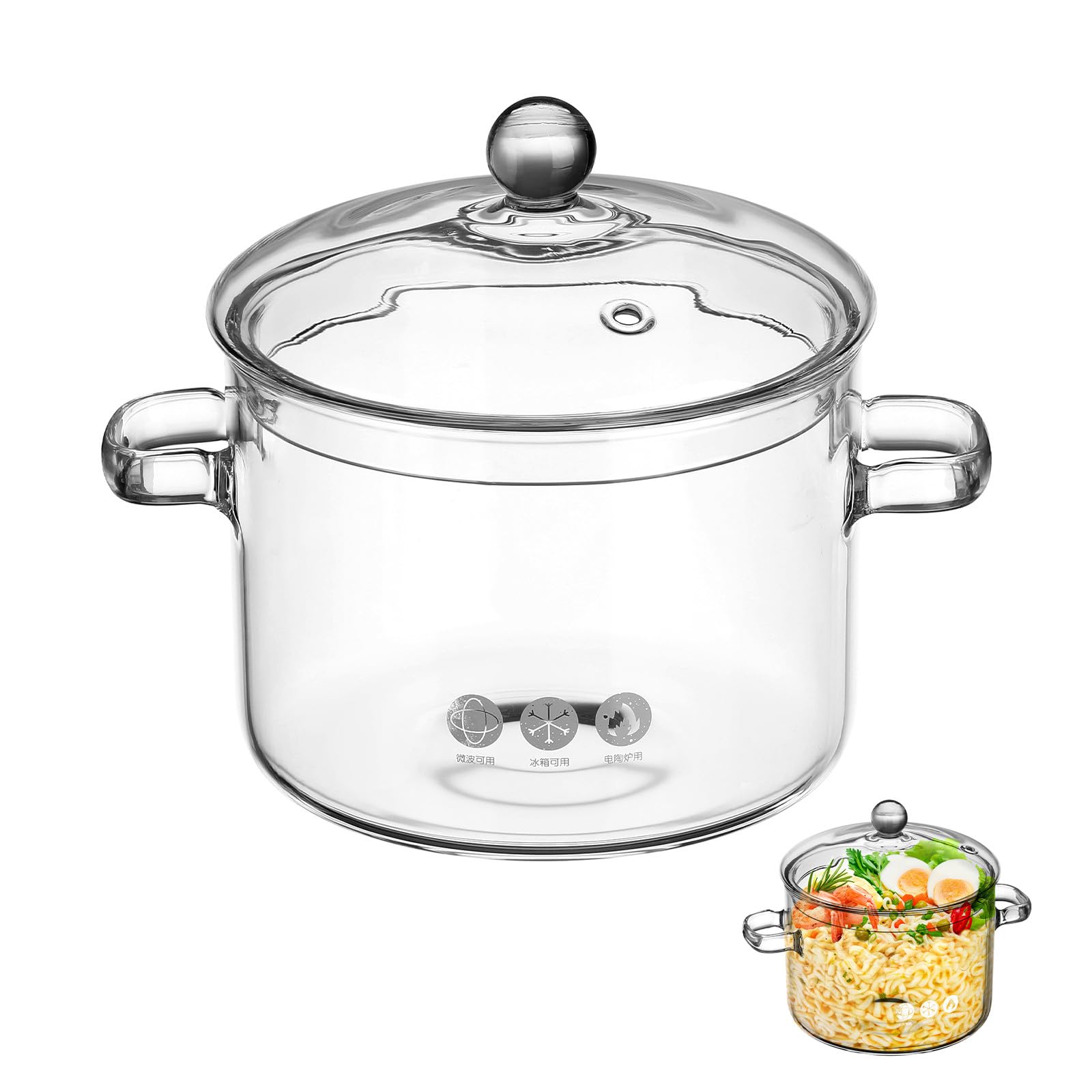 Pot de cuisson en verre borosilicate transparent VALICLUD avec couvercle et double poignée