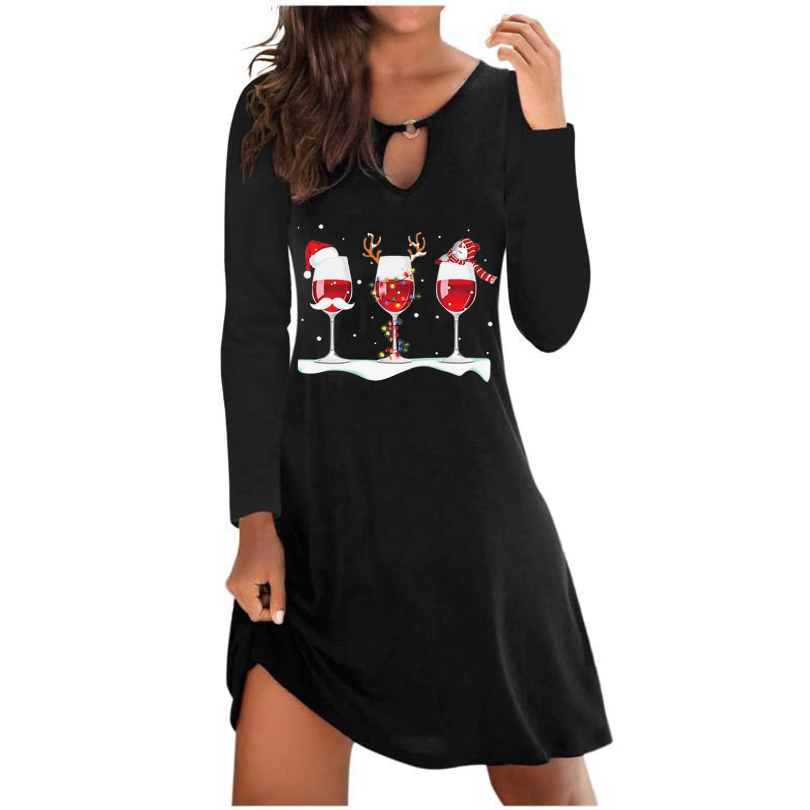 TIAFORDAMhomely Womens Christmas Oversized Jumper Dress Xmas Wine Glass Print Long Sleeve O Neck Pullover Sweater Plus Size Sweatshirt Tunic Long Tops Sale Clearance, G-black, S
