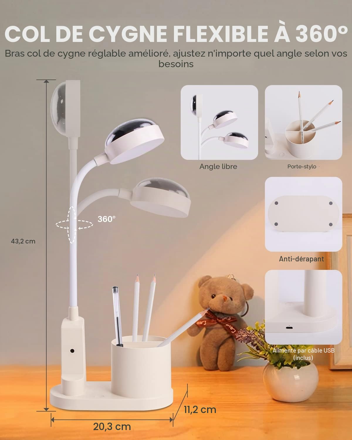 Lampe de Bureau pour Enfants avec Projecteur,Flexible Lampe de Table Sans Fil Dimmable Lampe de Lecture Rechargeable Lampe de Chevet LED Lampe d'étude avec Porte-stylo et Projection d'étoile