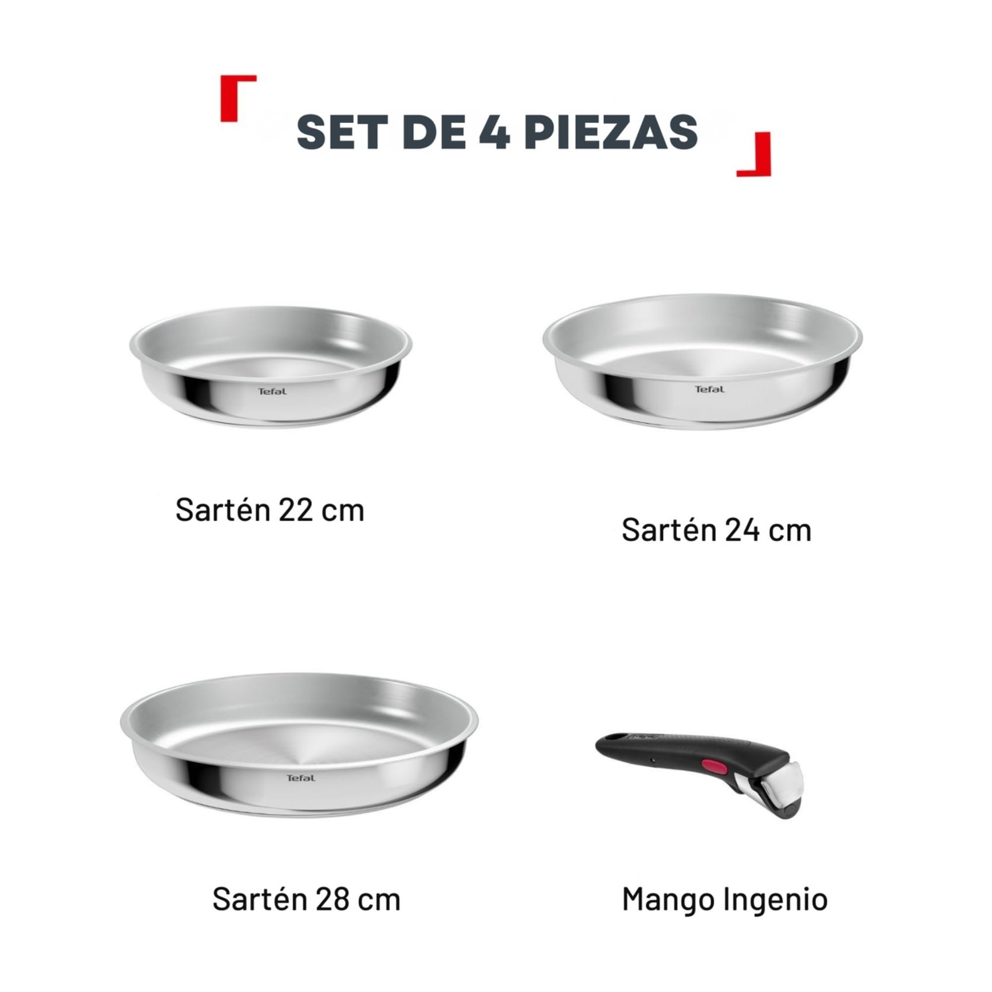 Tefal Ingenio Comfort Max - Juego de Sartenes 22/24/28 cm, Mango extraíble, Sin antiadherente, Acero inoxidable, Apilable, Inducción