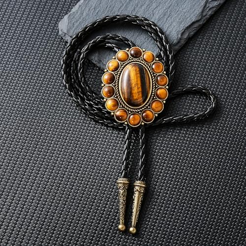Image of GelConnie Bolo Tie for Men Women Western Cowboy Turquoise Leather Necktie | Natural Stone Bolo Tie Necklace for Women Rodeo Cowboy Leather Necktie Native American Western Cowgirl Ties Adjustable Cord