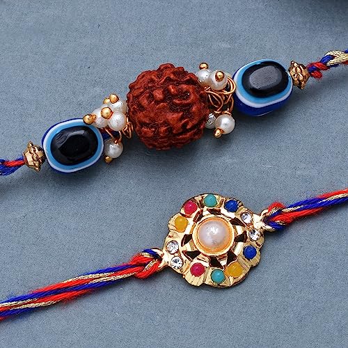 2 Colorful Stones & Rudraksha Evil Eye Rakhi