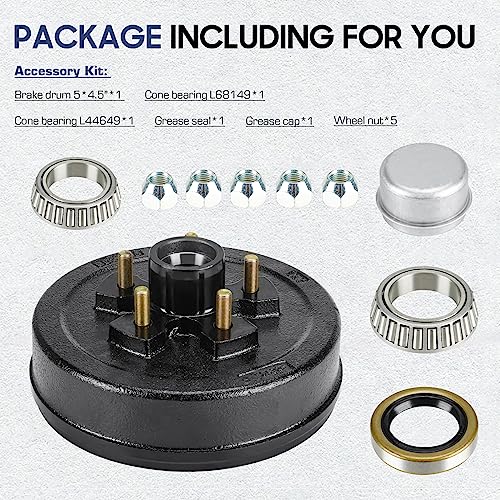 Image of Trailer Brake Drum Kit, 5-Hole, 4.5 inch Bolt Circle Brake Drum for 3500 lb Axles, Replacement Brake Hub Drum Assembly for Rvs, Trailer and Semi Truck