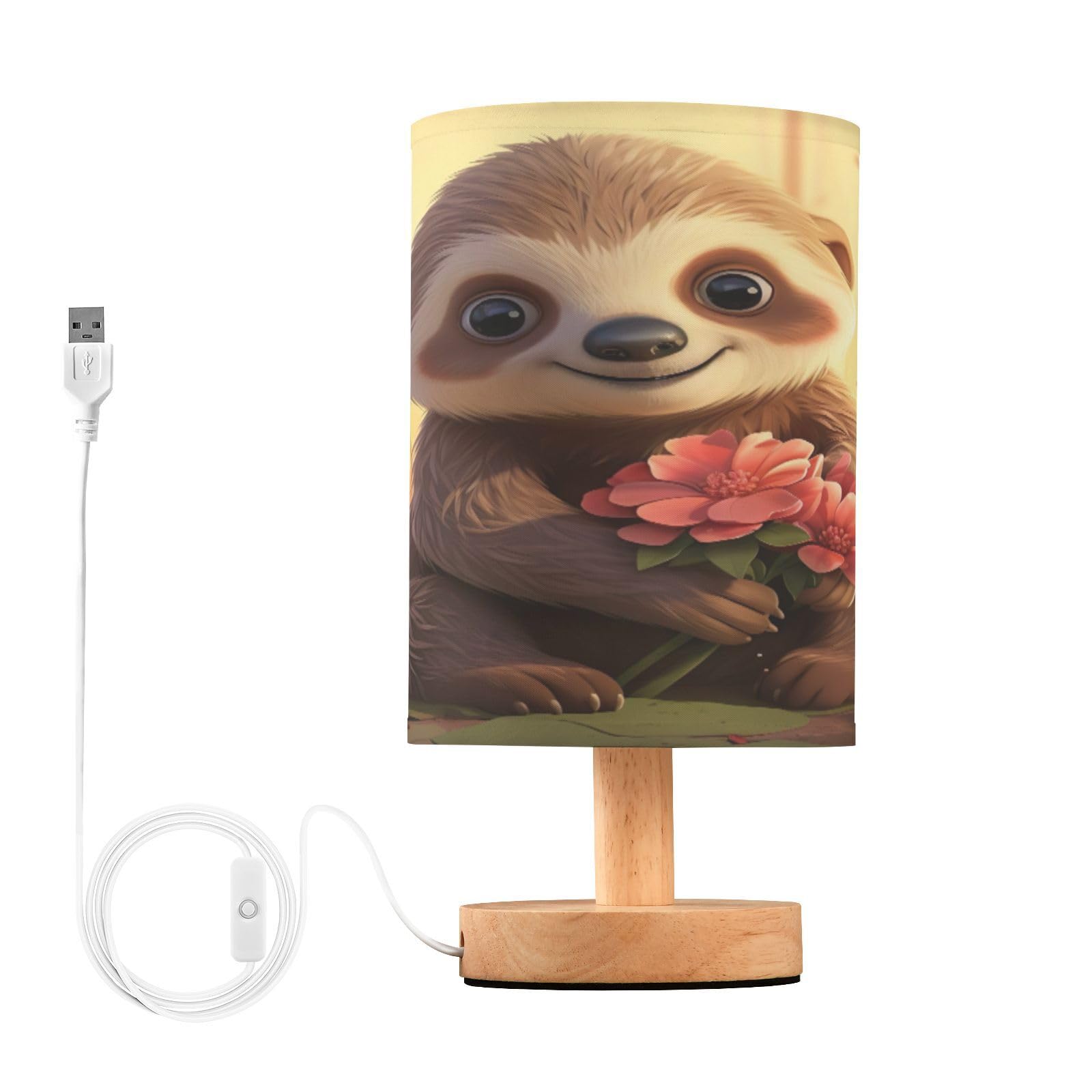 SDMKA Cute Cartoon Sloth Bedside Table Lamp for Bedroom, Minimalist Nightstand Lamp with Round Fabric Shade for Living Room, Office, No Bulb Required
