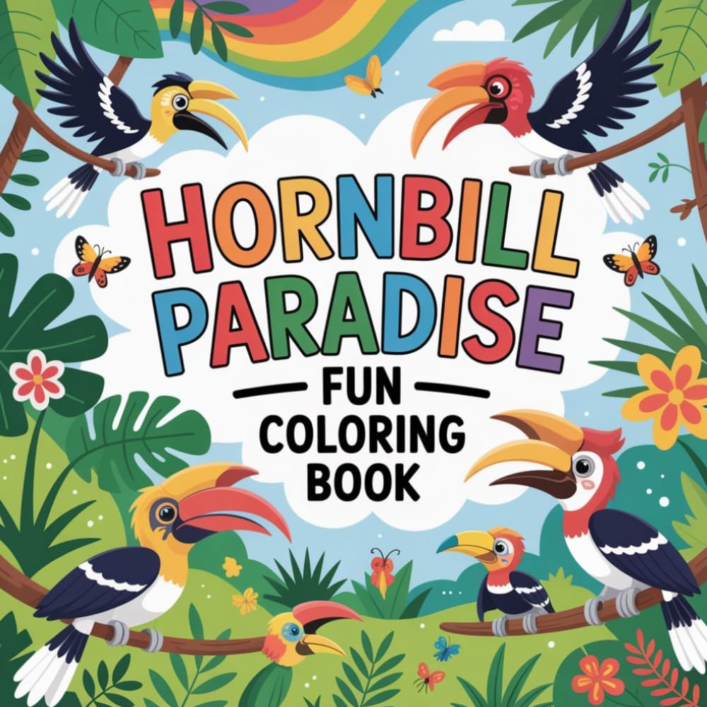 Hornbill Paradise Fun Coloring book: tropical bird coloring book adults relaxation simple, exotic jungle bird color book kids focus easy, rainforest ... bird color book kids relaxation focus easy