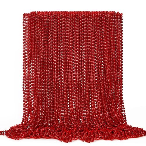 Image of EOBOH 72PCS Bead Necklace, Red Christmas Bead Stuff Party Favors, 33 inch Necklaces Festival Parade Throw Accessories for Wedding Birthday Valentines Mardi Gras Christmas Celebrations Decorations