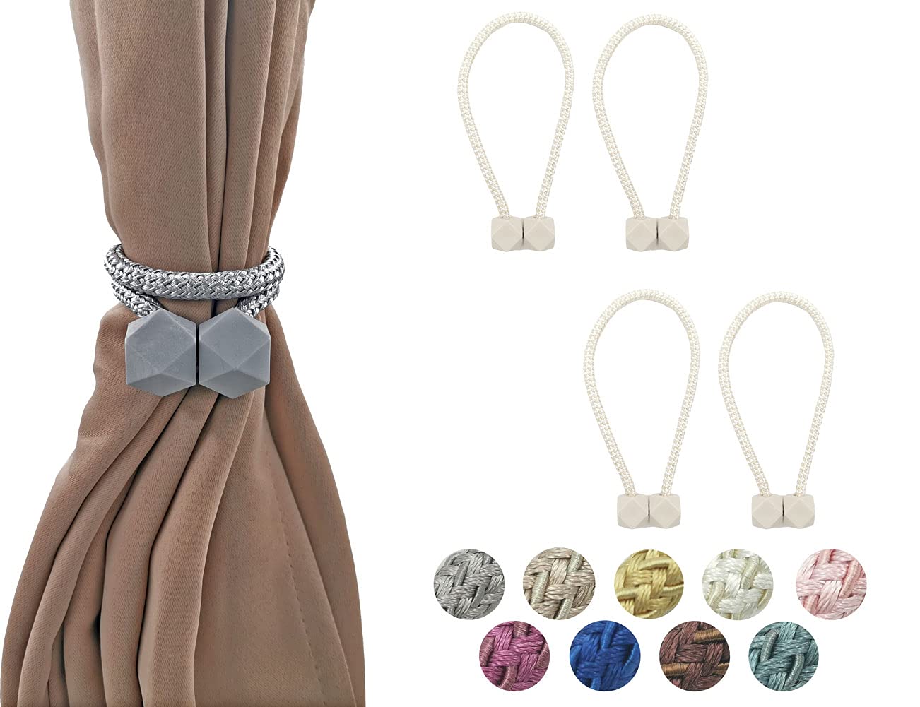 Hyx Cream 4 Piece Magnetic Curtain Tiebacks Holdbacks, Modern Curtain Tieback Clips, Curtain Rope Holder Tie Backs, Decorative Hold Backs For Home Office Decoration (Cream)