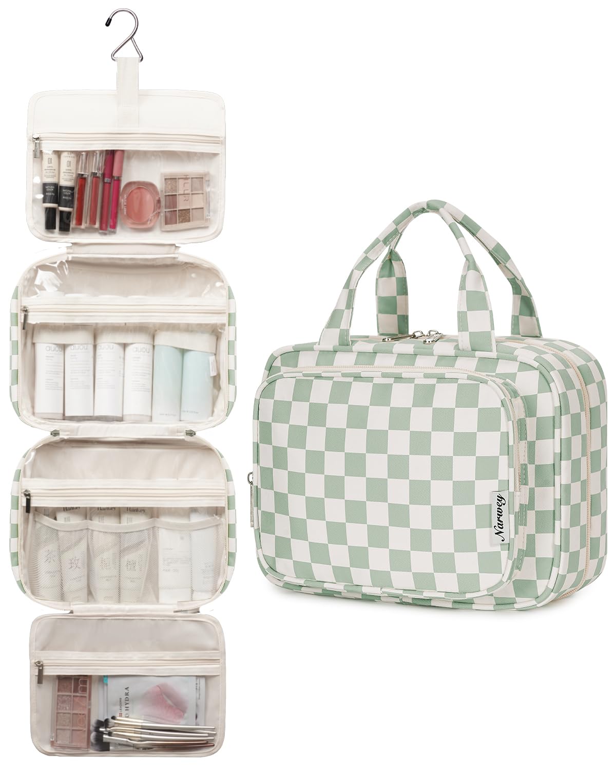 Narwey Large Checkered Hanging Travel Toiletry Bag for Women Wash Bag Cosmetics Makeup Bag Organizer for Full Size Accessories (Checkerboard Mint Green (Large)) - 4