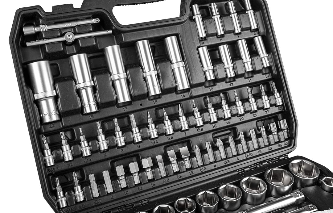NEO TOOLS Set di chiavi da 108 pezzi da 1/2" 1/4" in robusta valigetta | Set di chiavi a bussola in acciaio CrV, set completo per officina, garage, fai da te