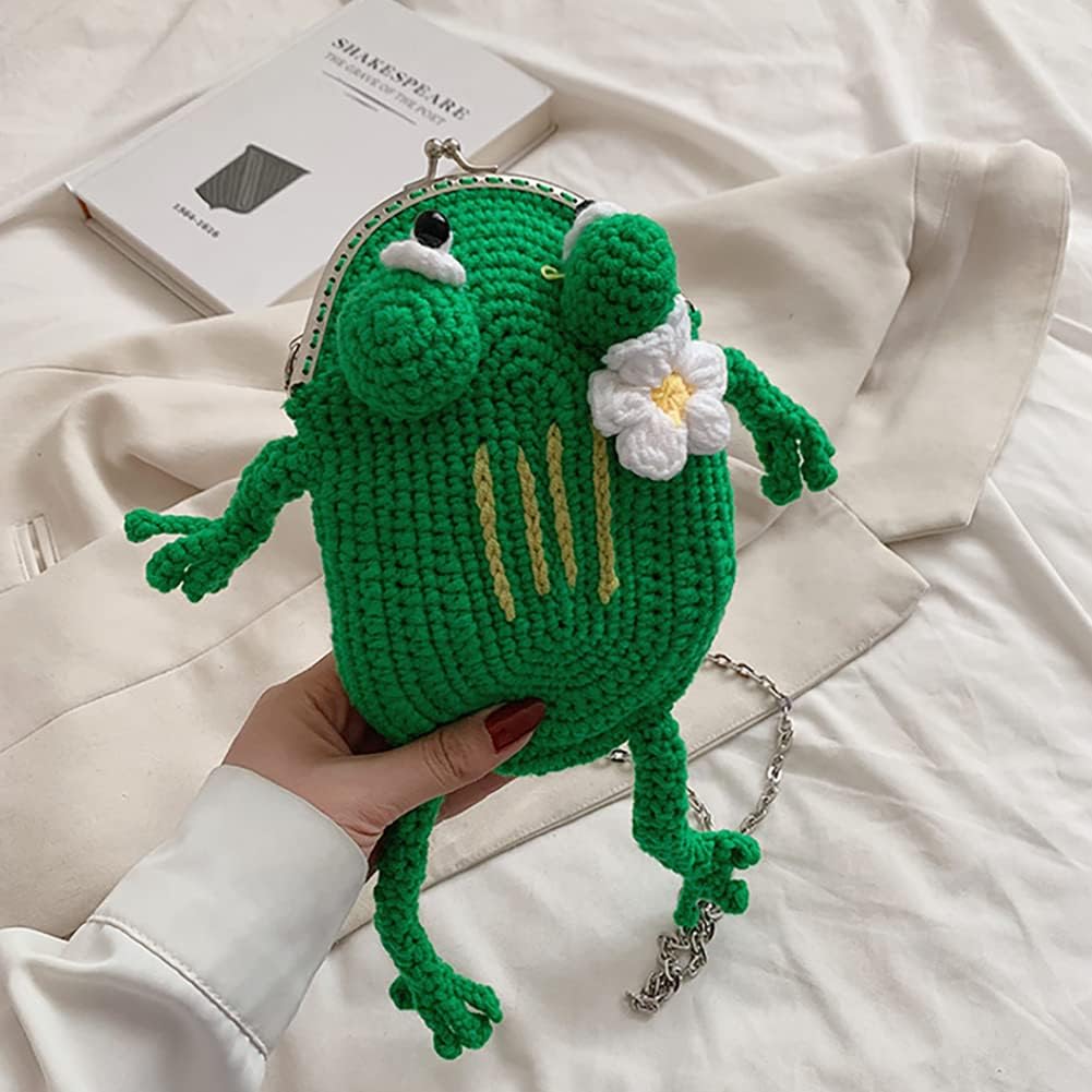 Creative Hand-Knitted Frog Small Cellphone Crossbody Bag,Funny Cartoon Kiss Lock Chain Shoulder Bag,Cute Crochet Frog Handbag