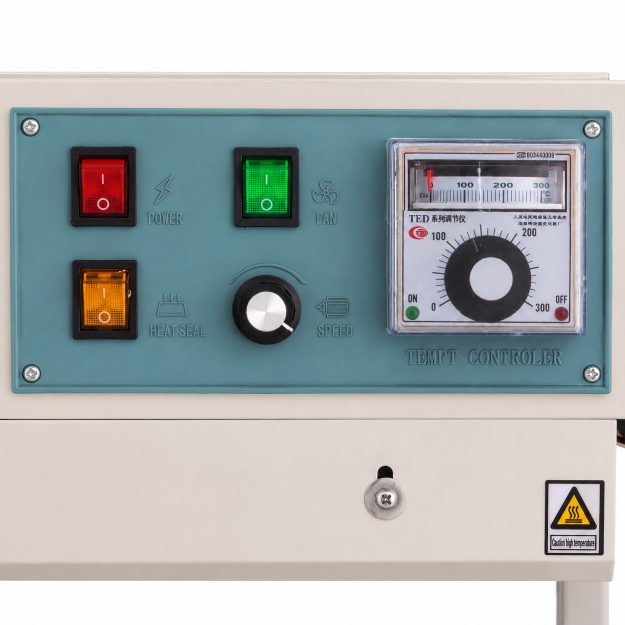 Sellador de banda continua con control digital de temperatura, velocidad de 0 a 24 m/min, ancho de sellado de 6 a 15 mm, función de estampado de fecha para un embalaje eficiente