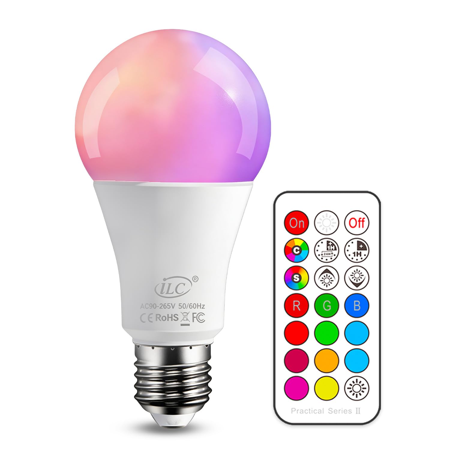 iLC Colour Changing Light Bulb E27 Edison Screw A19, 70 Watt Equivalent, Cool White 6000K 10W RGBW LED Light Bulbs Colour Changing Lights, 12 Color Choices - IR Remote Control Included
