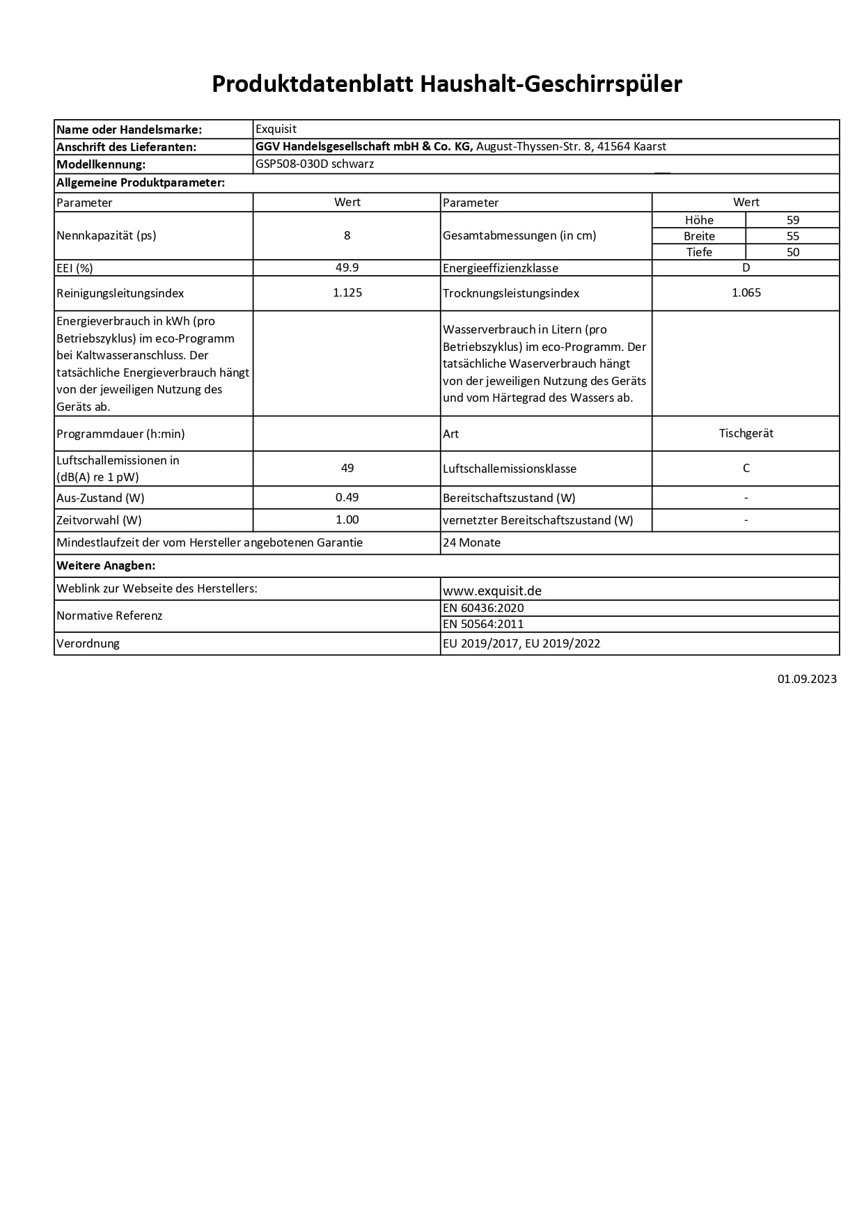 Exquisit GSP508-030D Tischgeschirrspüler, 55 cm breit, 8 Maßgedecke, 7 Programme, schwarz