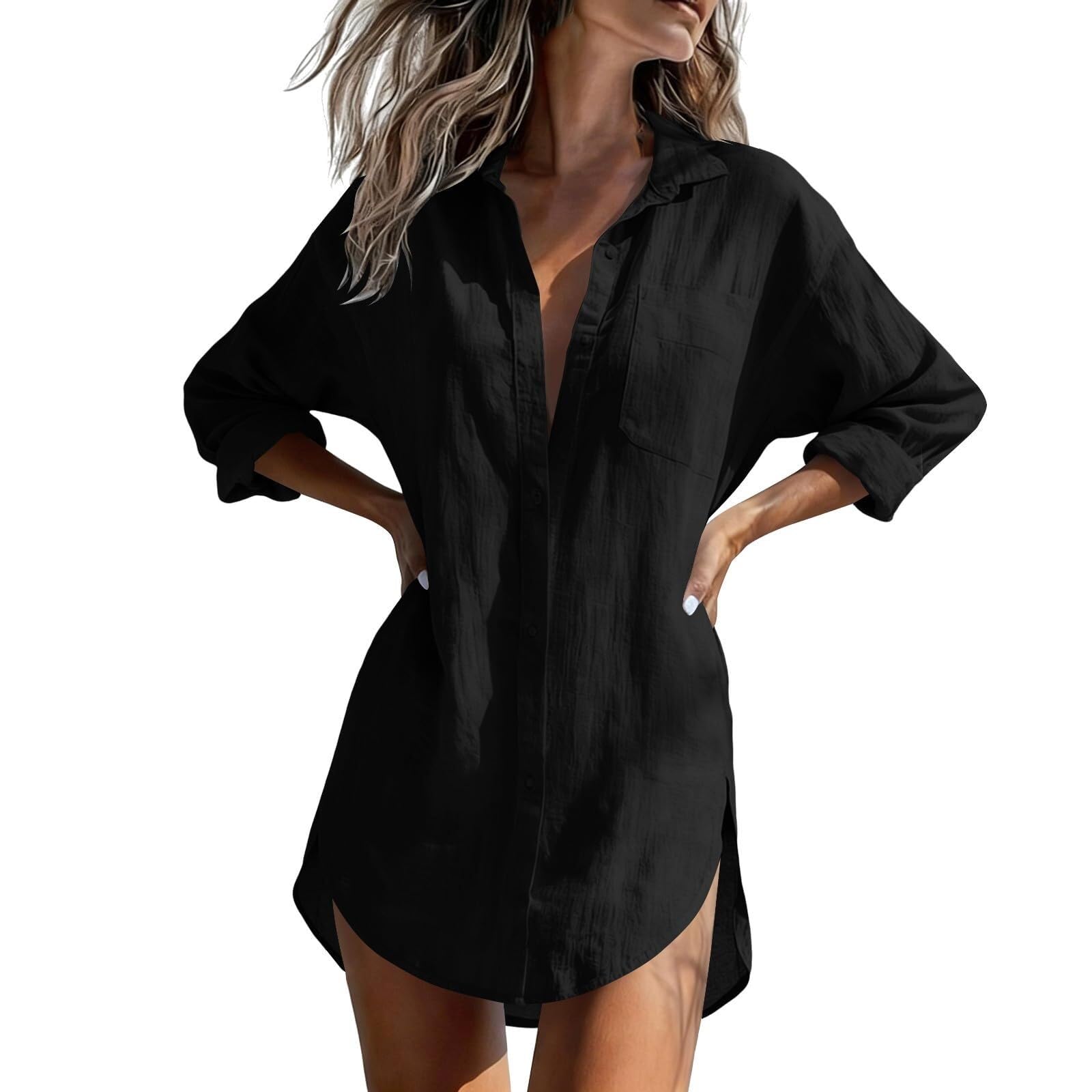 Camicetta da donna in mussola a maniche lunghe, in lino, con scollo a V | Materiale traspirante in cotone e lino, vestibilità comoda, versatile, elegante abbottonatura