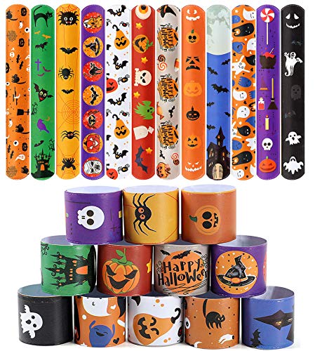 48 PCS Halloween Slap Bracelets for Kids Snap Bracelets Bulk with Spider Pumpkin Ghost Animal Print Craft Halloween Party Favors Birthday Gifts