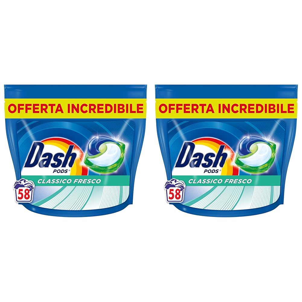 Dash Pods Detersivo Lavatrice In Capsule, 58 Lavaggi, Classico Fresco, Rimuove Le Macchie, Efficace A Freddo Anche E In Cicli Brevi (Confezione da 2)