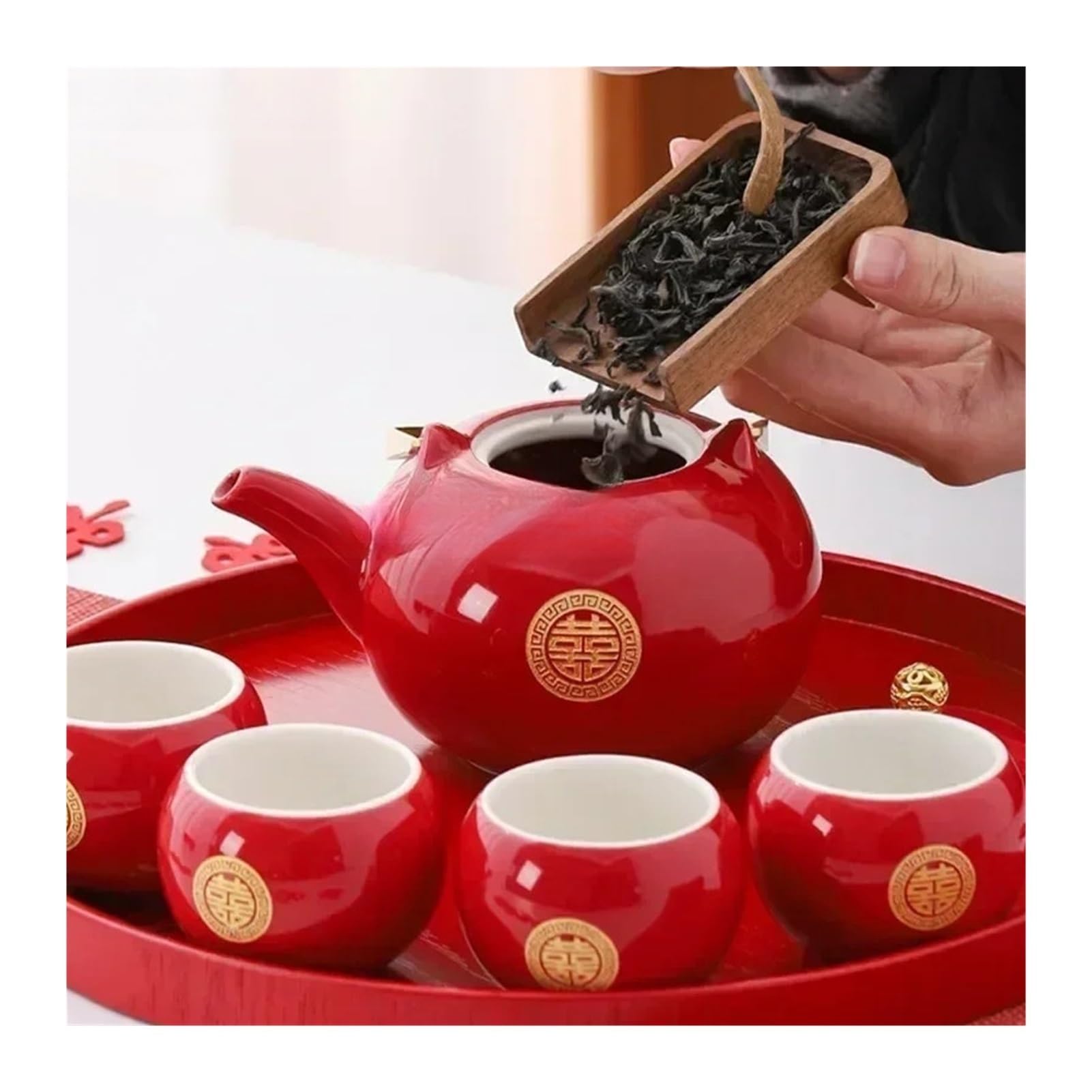 Juego De Té De Cerámica Roja, Juego De Té Chino For Bodas, Tetera Hecha A Mano, Juego De Tazas De Té De Porcelana For El Hogar, Personalizado Y Especial.(D3-6pcs)
