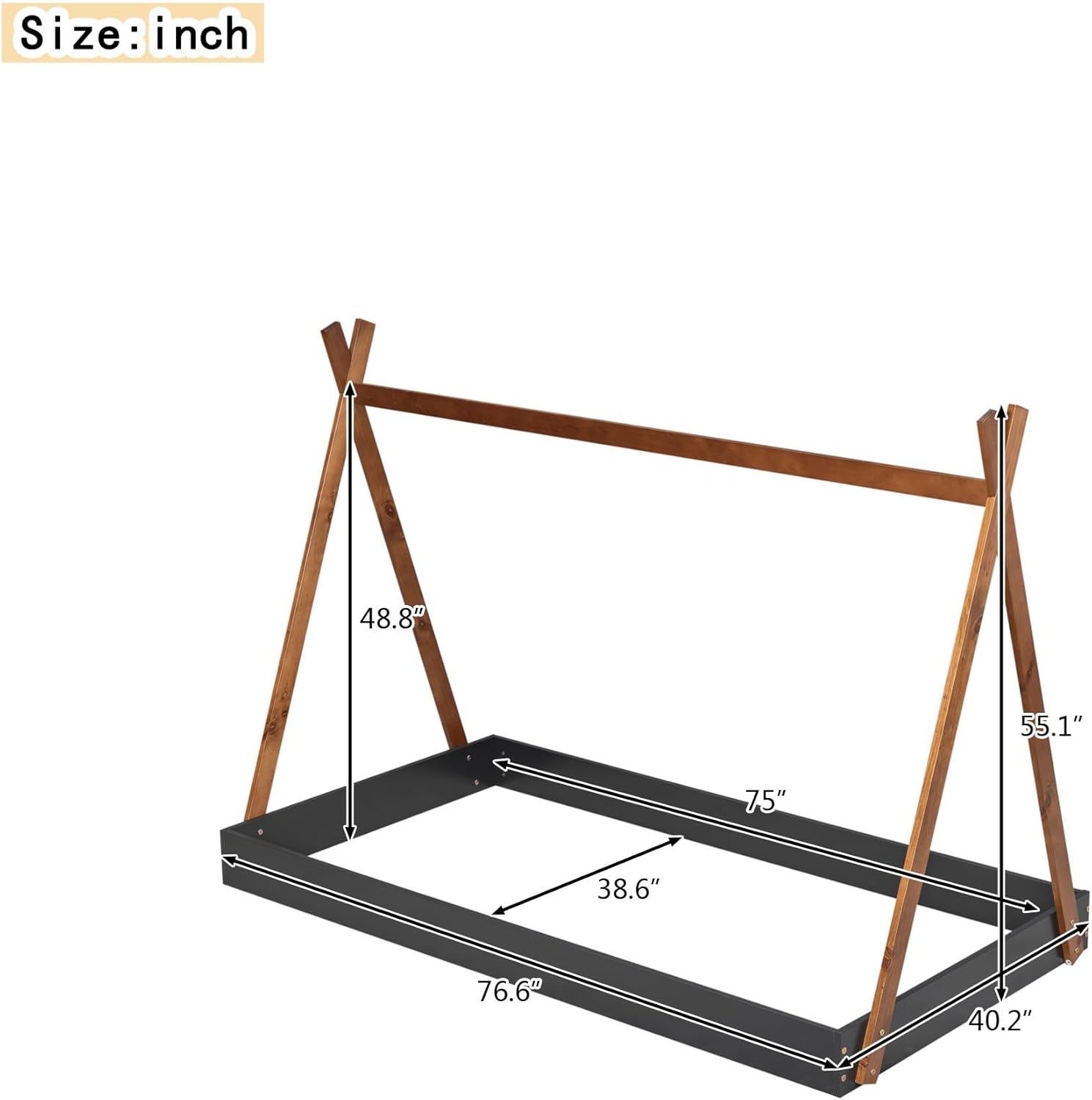 Twin Size Floor Bed with Wooden Style Bed Frame, Fun Beds with Triangle Structure for Girls Boys(Black, Twin)