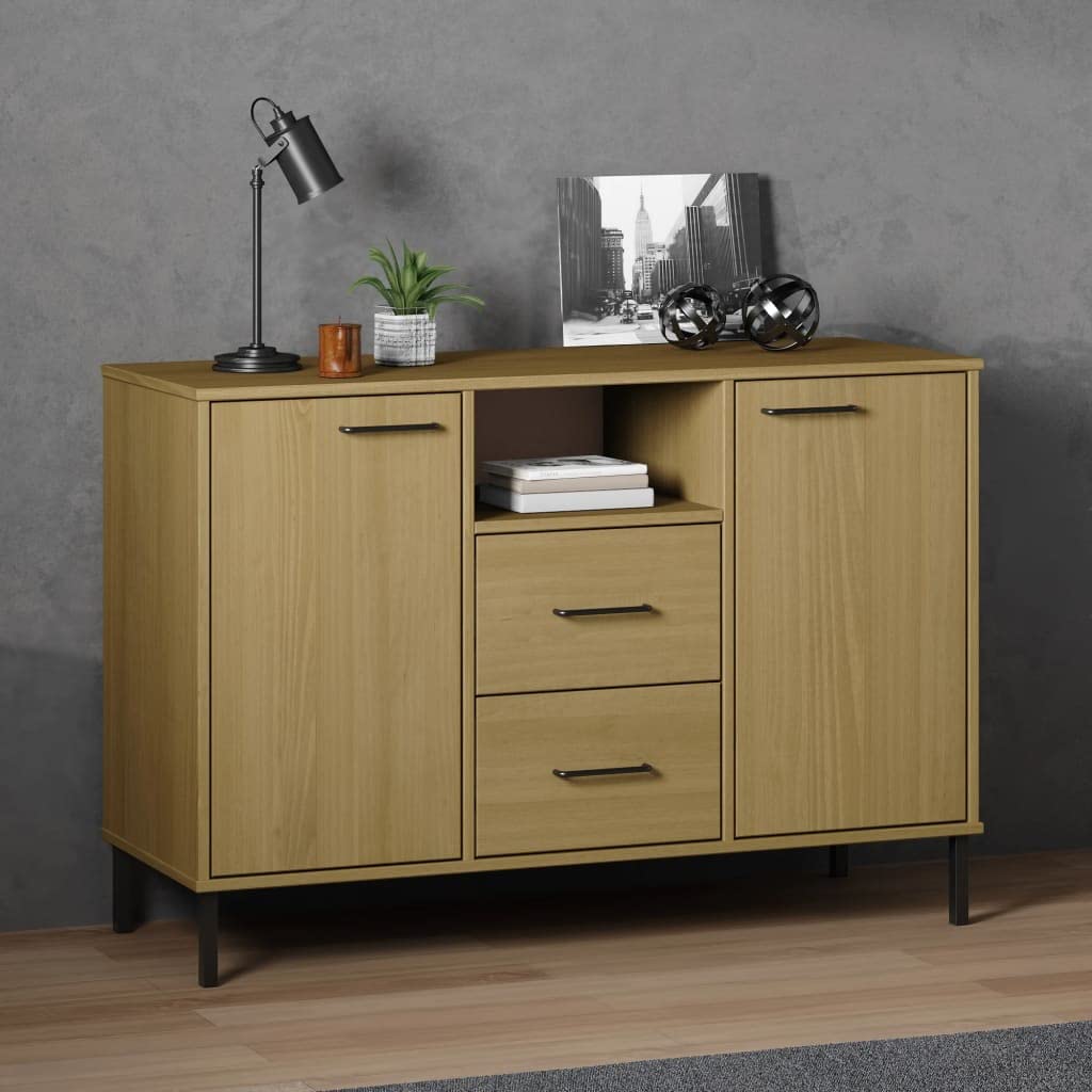 Aparador industrial de madera maciza con patas de metal, color marrón Oslo, 113 x 40 x 77 cm, para salón, cocina, pasillo