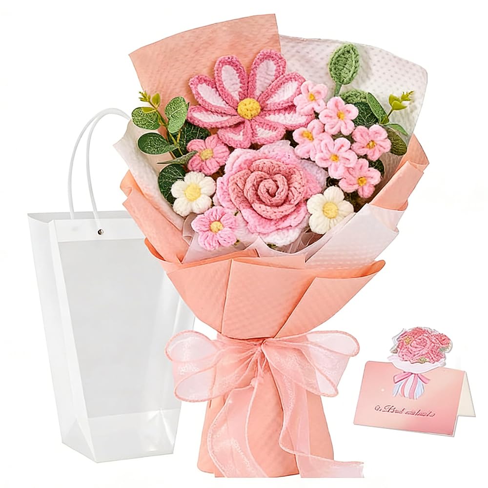 RNPKZ Crochet Flowers Bouquet, Rose Handmade Knitted Bouquet, Crochet Flower Bouquet with Greeting Card & Gift Bag, Knitted Flower Bouquet for Mother's Day,Valentine's Day,Graduation,Anniversary(Pink)