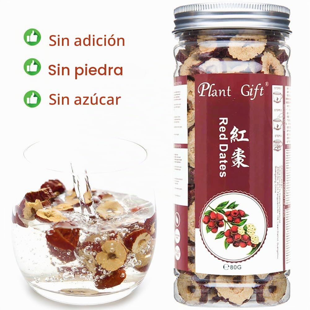 Plant Gift 100% Puro Rodajas de Dátil Rojo 红枣干, 80g/2.82oz | Natural. Sin rellenos, sin aditivos. Dátiles rojos secos, sabor dulce natural. Para infusiones y snacks. Also: Red Dates.