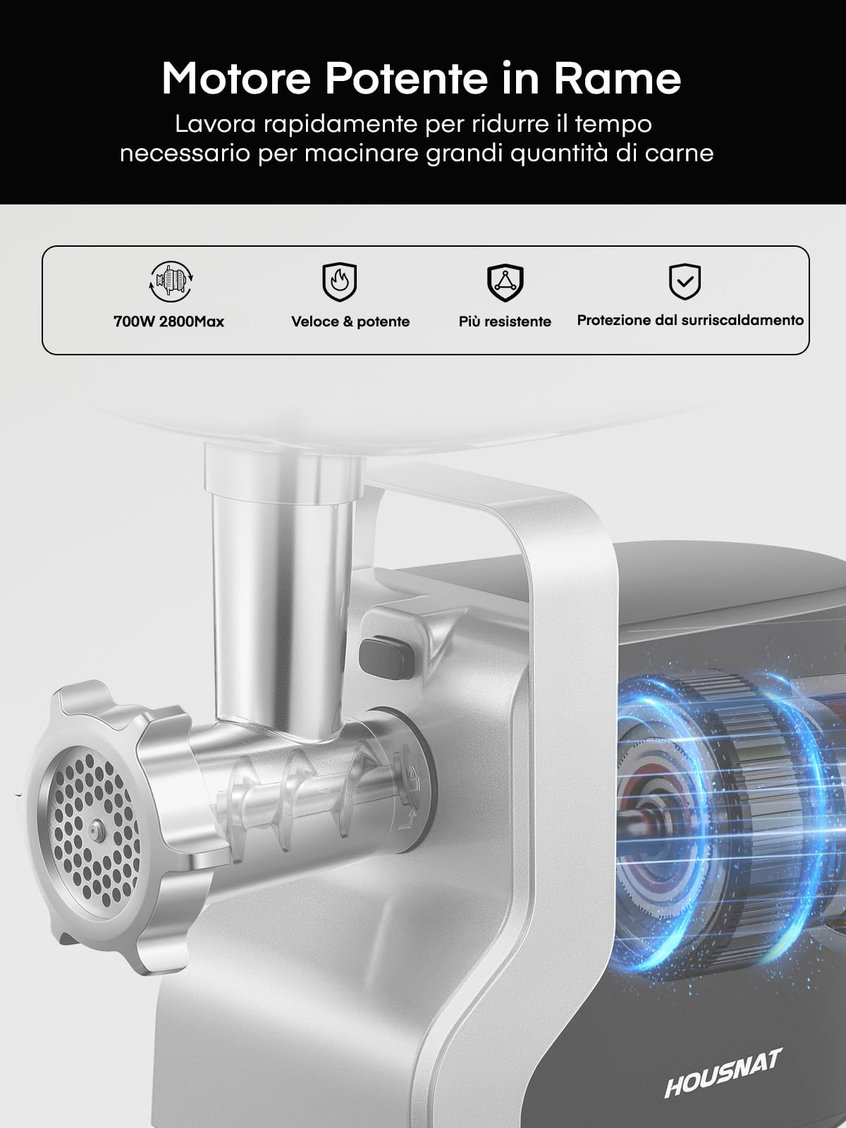 Tritacarne Elettrico Professionale, 2800W Max Potenza di Bloccaggio, HOUSNAT 5 in1 Tritacarne Elettrico, 3 Piastre di Macinazione in Acciaio Inox, perCarne, Salsiccia, Kebbe, Verdure, Salse, Nero