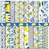HunnmingRe 20 Pcs 10''x10'' Lemon Quilting Fabric Square Chinoiserie Quiltted Fabric Bundle Blue White Yellow Floral Precuts Printed Patchwork Supplies for Holiday DIY Sewing Craft