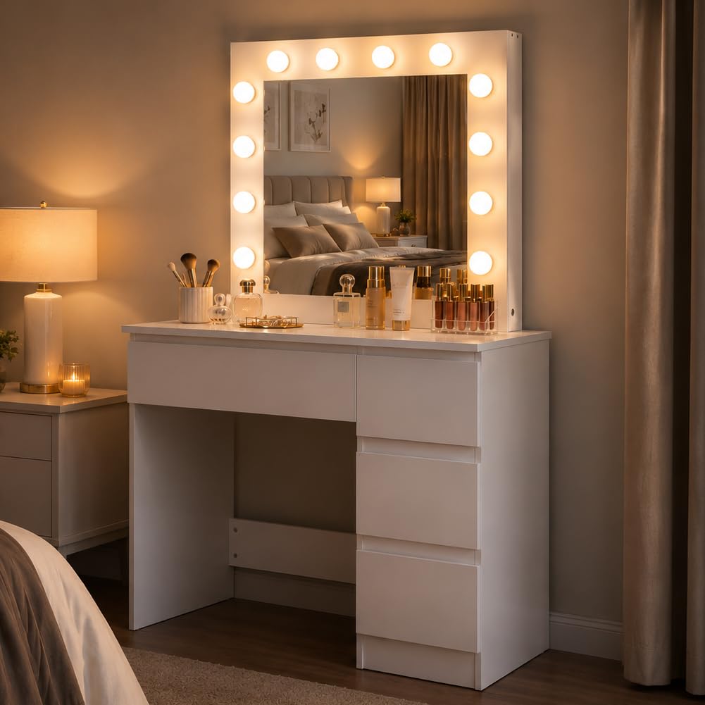 Shally Dogan Toeletta Trucco Bianca con Specchio e 12 Luci LED, 3 Cassetti, Postazione Makeup in Legno Design Minimal, Ideale per Interni, Casa, Camera da Letto, Cameretta 94 x 43 x 140 cm