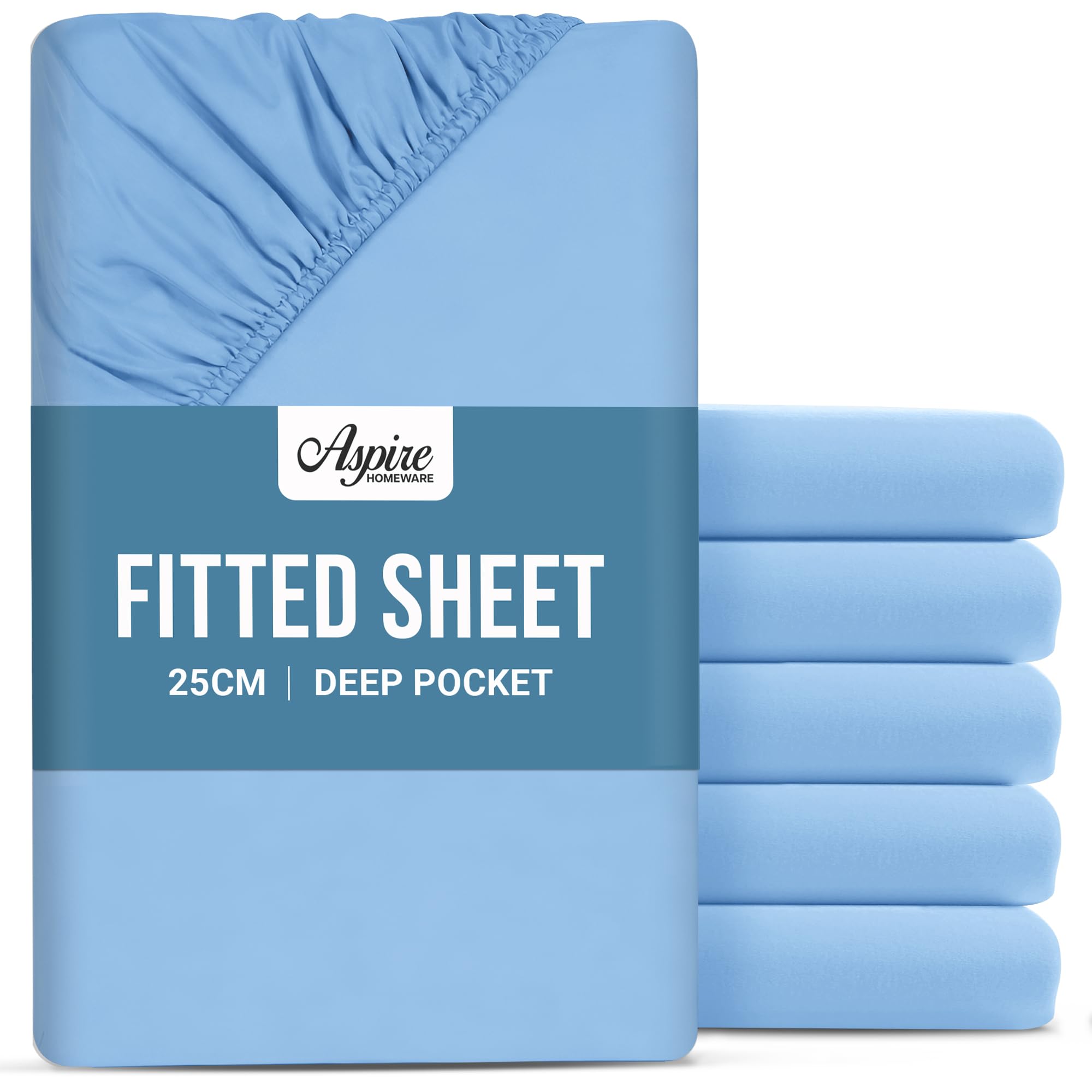 Aspire Homeware Small Double Fitted Sheet - 25cm Deep 6 Pack (Light Blue)