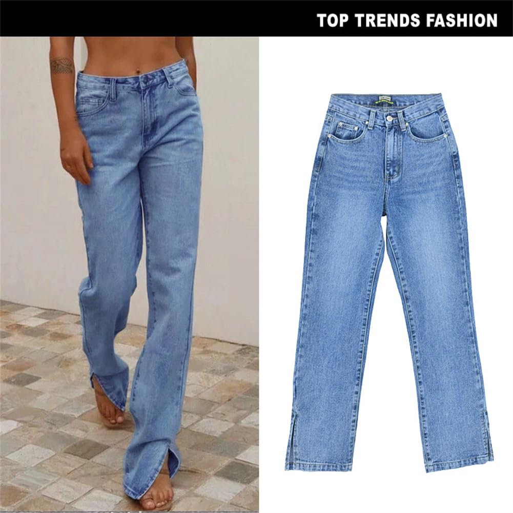 Pantalones Vaqueros Ajustados De Pierna Recta para Mujer con Piernas Abiertas Y Sensación De Drapeado, Pantalones hasta El Suelo con Un Diseño Ligeramente Acampanado