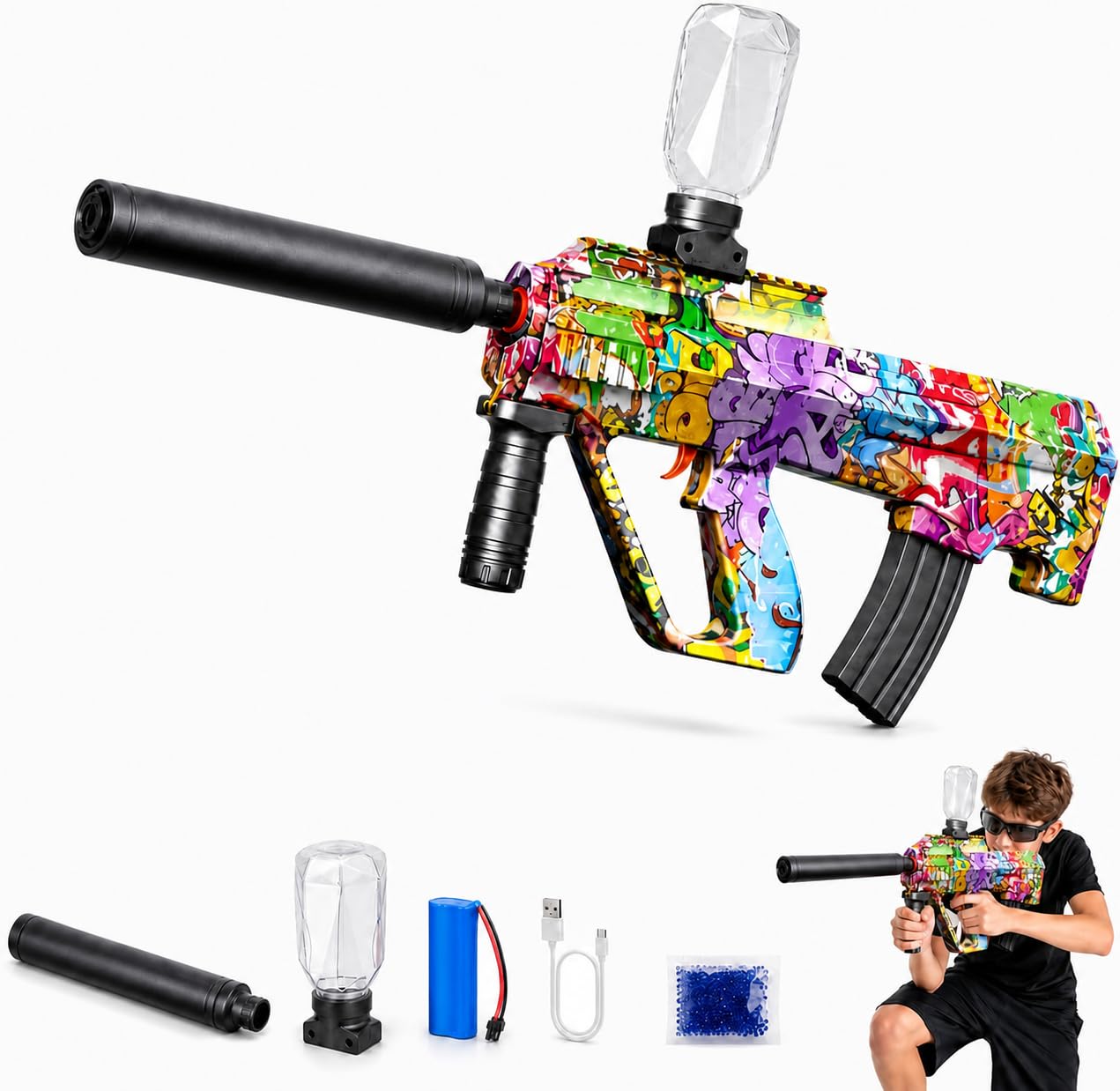 SGM Electric Gel Ball Blaster AUG — Full Auto Rechargeable Splatter Ball Gun with Extended Barrel, Hopper & Gel Balls, Graffiti Design Outdoor Team Game Toy for Teens & Adults 14+ 928-1
