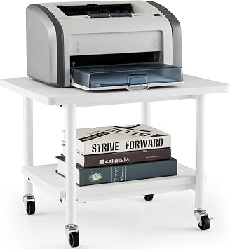 COSTWAY 2-Tier Mobile Printer Stand with Wheels, Rolling Desk Organizer Storage Shelf Printer Table Desktop Stand, Home Office Under Desk Cart Unit for Fax Machine and Files, 49x40x37cm White