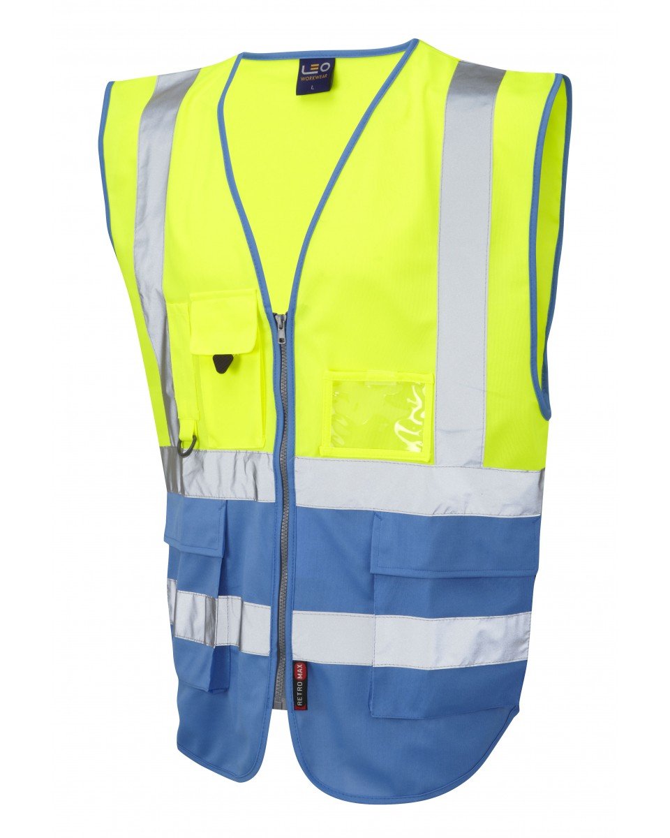 Leo Workwear Lynton W11 Dual Colour Hi-Vis Class 1 Multi-pocket Superior Waistcoat, 6XL, Yellow-Deep Sky Blue