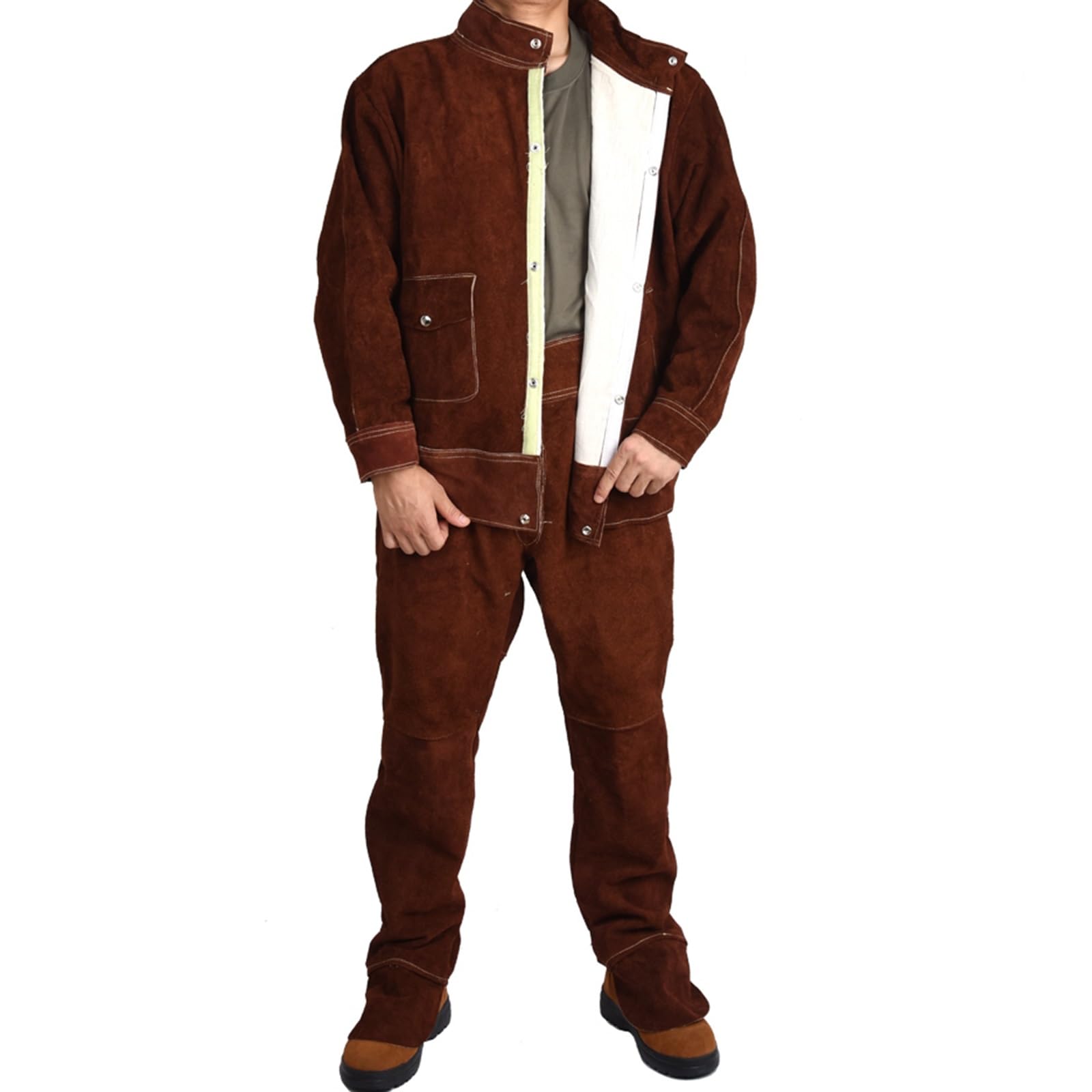 Cowhide Schweißer-Overall Für Männer Und Frauen Flammhemmende Schweißerjacke Hochbelastbar Schweißer-Lederhosen 2er Set(Brown,L)