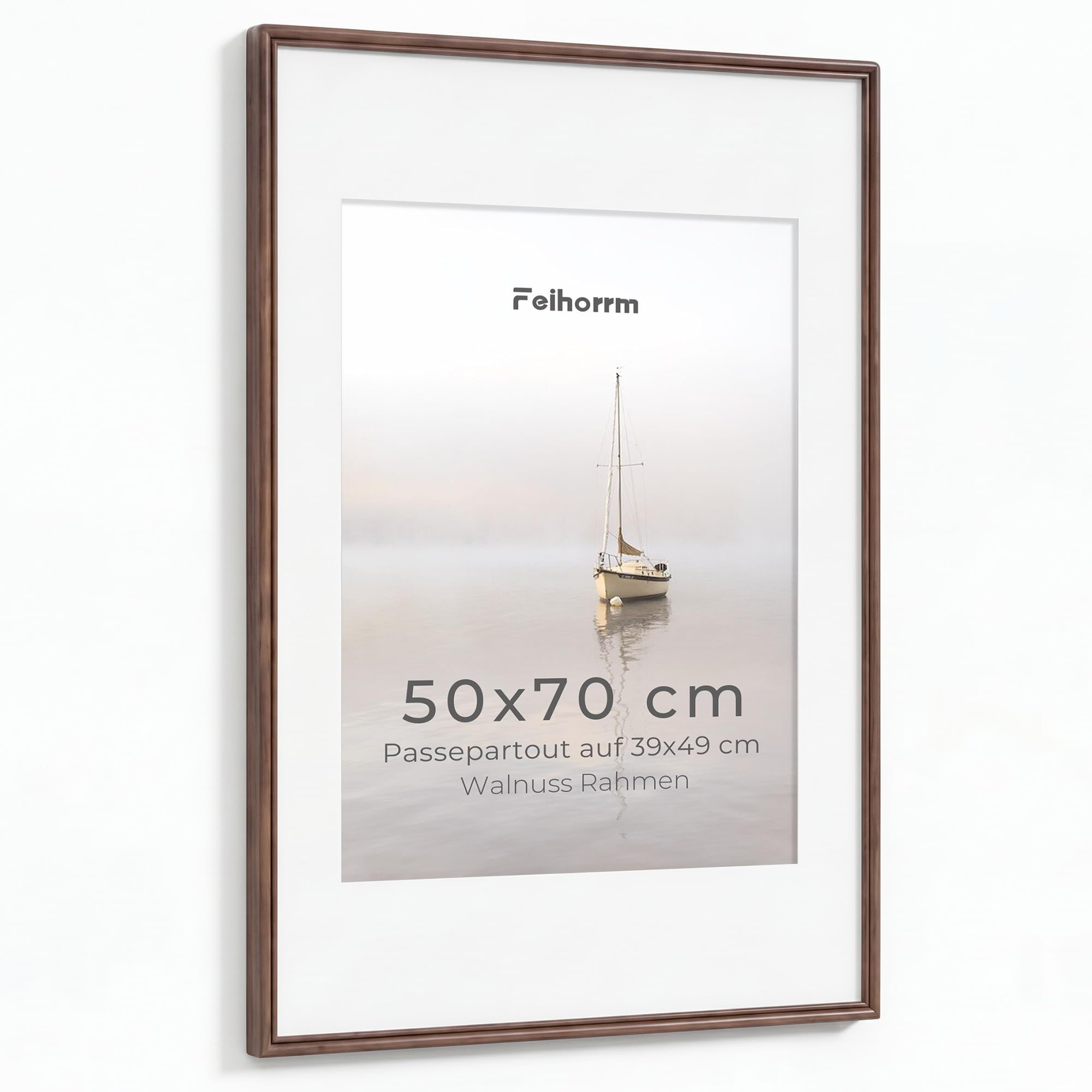 Feihorrm Bilderrahmen 50x70, Walnuss Massivholz Fotorahmen Mit Gehärtetem Glas, 70x50 Bilderrahmen Für 50x70 cm Fotos ohne Passepartout oder 39x49 cm Fotos mit Passepartout, Horizontal & Vertikal