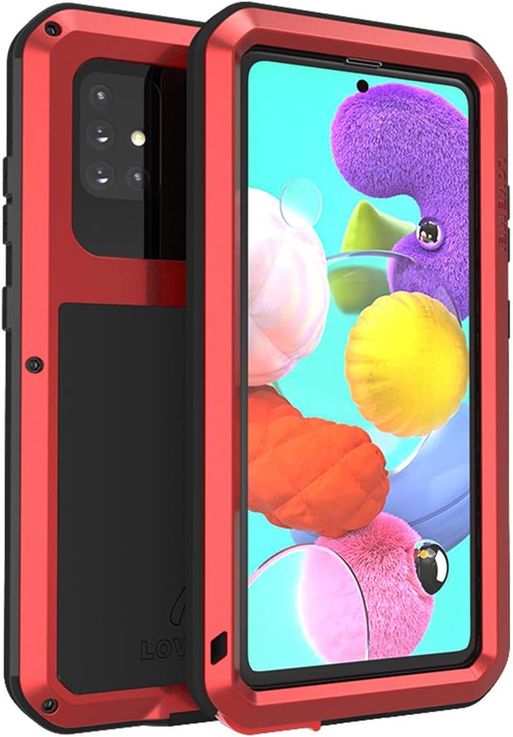 Limited Stock LOVE MEI for Samsung Galaxy A51 Case, Waterproof Military Heavy Duty Shockproof Dust/Dirt Proof Hybrid Aluminum Metal+Silicone+Tempered Glass Case Hard Cover for Samsung Galaxy A51 6.5 inch (Red)