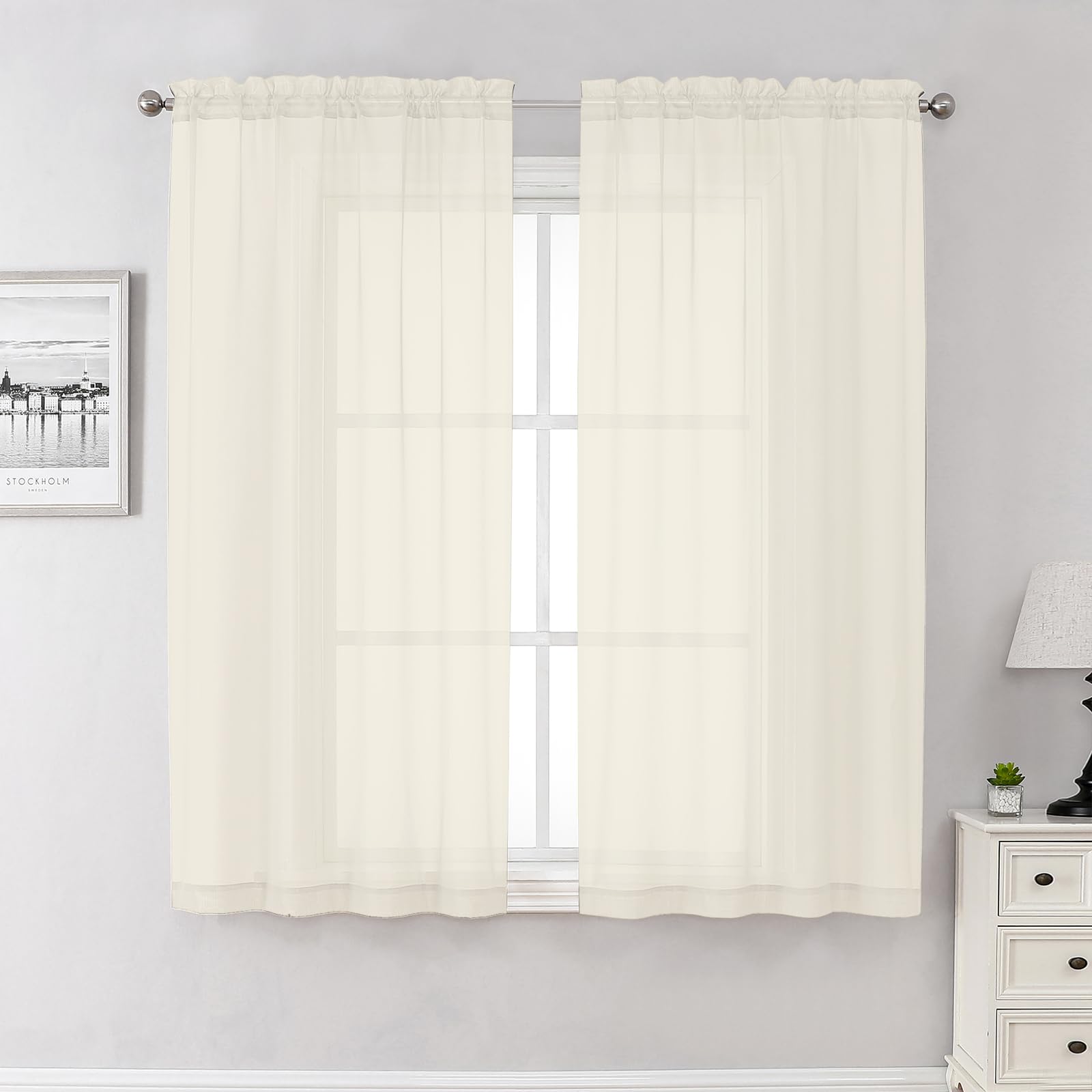 Photo 1 of Lecloud Cream Sheer Curtains 63 Inch Length 2 Panels Set, Elegant Voile Window Curtains for Bedroom Living Room, Airy Sheer Drapes for Dinning Room with Rod Pocket, Each Panel 42 X 63 Inch