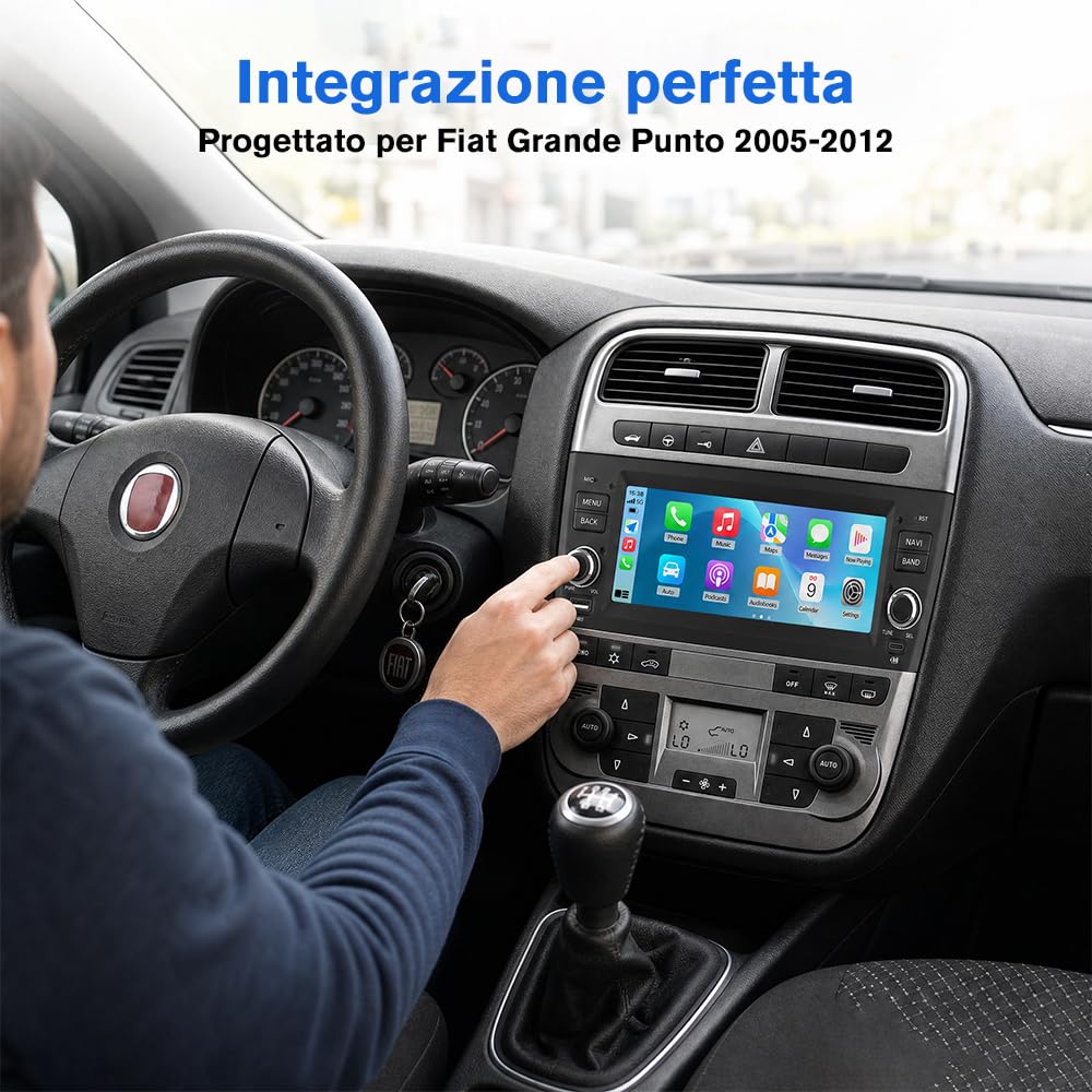 Autoradio 1 DIN per Fiat Grande Punto (2005-2012) 6,86" Android 15 Car Radio con Bluetooth Wireless CarPlay Android Auto WIFI GPS FM RDS Comandi al volante Telecamera posteriore (2GB+64GB)