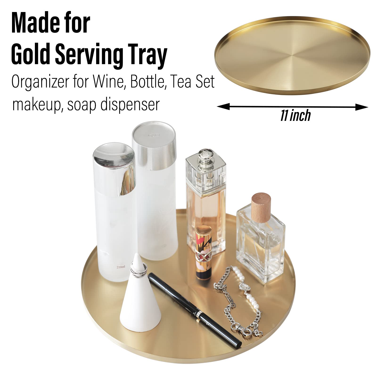 FREELOVE Thin Edge Round Serving Platter for Kitchen Coffee Table, Decorative Tray for Perfume Jewelry Candle Makeup Organizer Desk Vanity Countertop Bathroom Dresser Sink, Light Gold, 11 inch