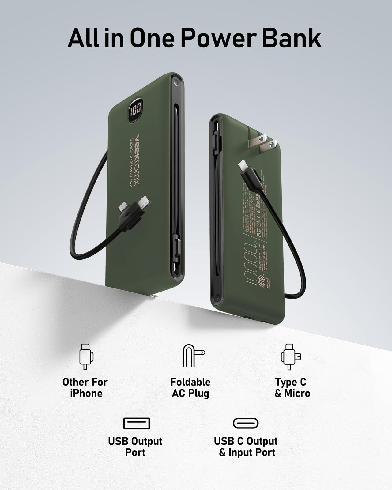 VEEKTOMX 10000mAh Portable Charger with Built-in Cables & Wall Plug view 3