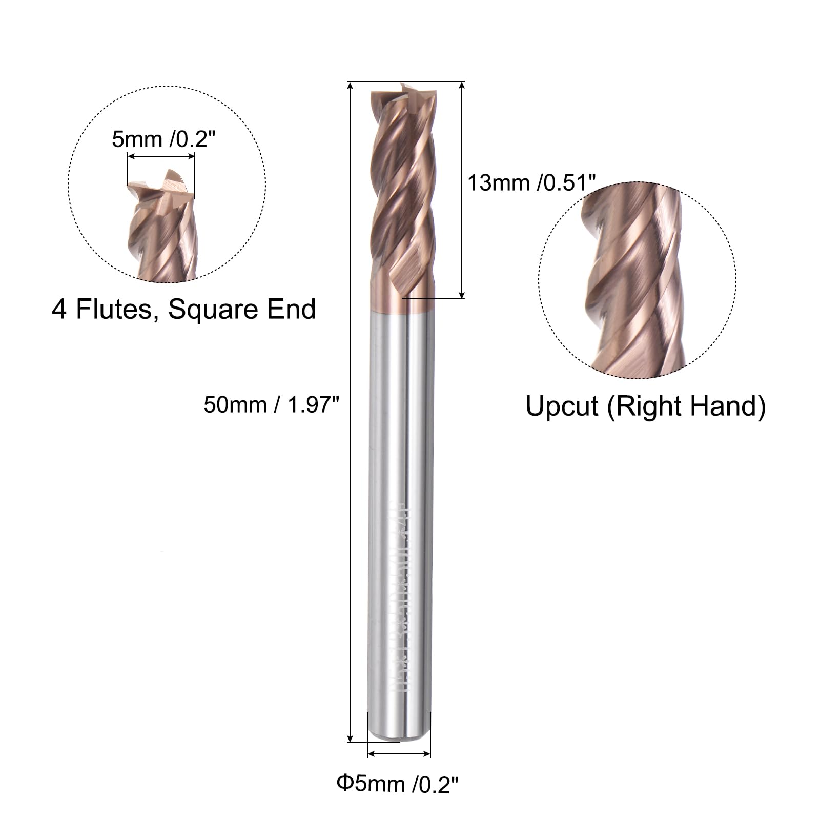 QUARKZMAN 2Pcs Fraises à Bout Carré de 5mm de Diamètre et de 5mm de Queue, 4 Flûtes, en Carbure Hrc55 Revêtu d'Altin, pour le Fraisage de Fin Cnc, Noir