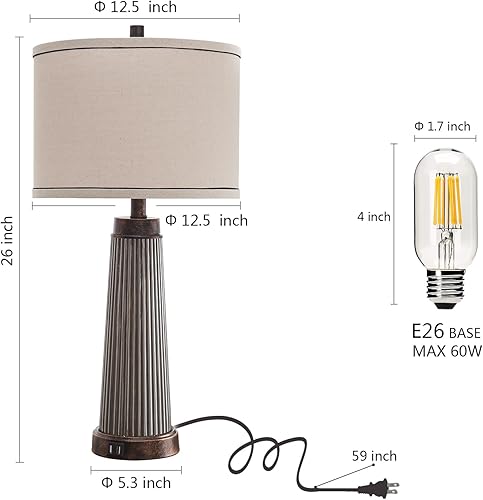 Miniatura 5 de Juego de 2 lámparas de mesa de granja para sala de estar, lámpara de mesa táctil regulable de 3 vías con puertos USB duales, lámpara rústica vintage