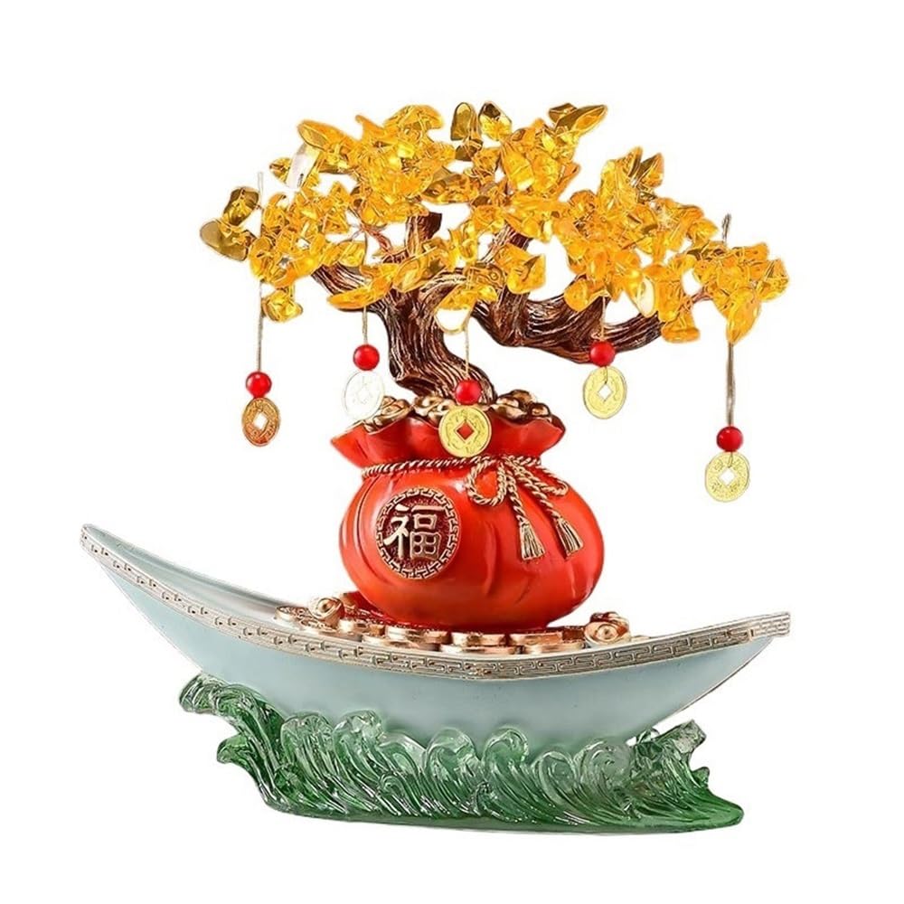 Home Decor Citrine Fortune Tree Smooth Sailing, Home Feng Shui Wealth Prosperity Table Decoration Bonsai(Red)