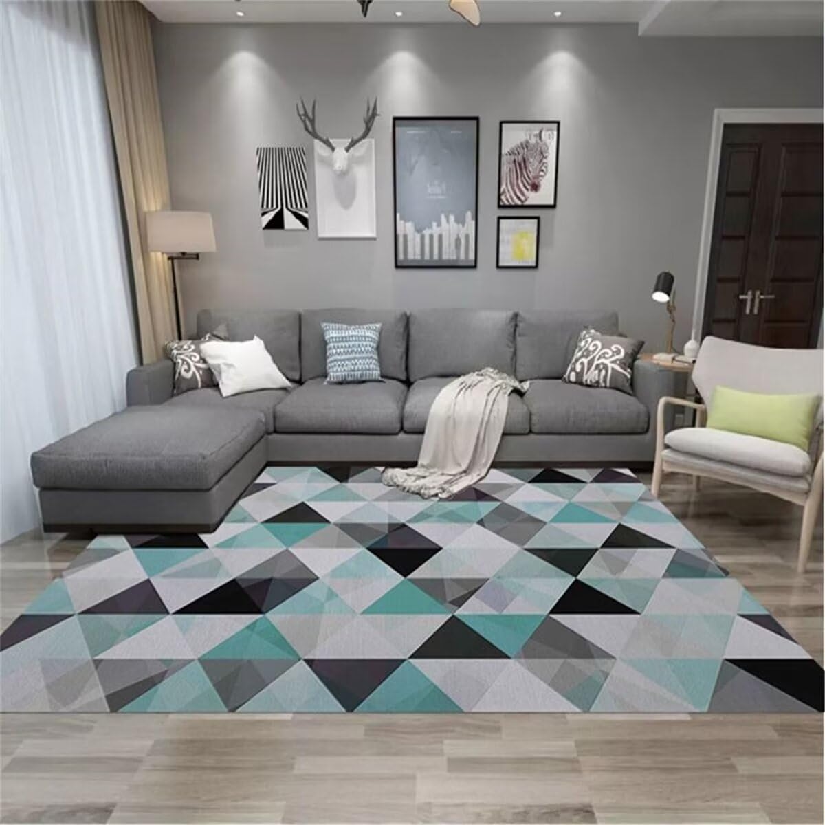 Tapis enfant 90x150cm géométrique gris bleu pour terrasse et chambre