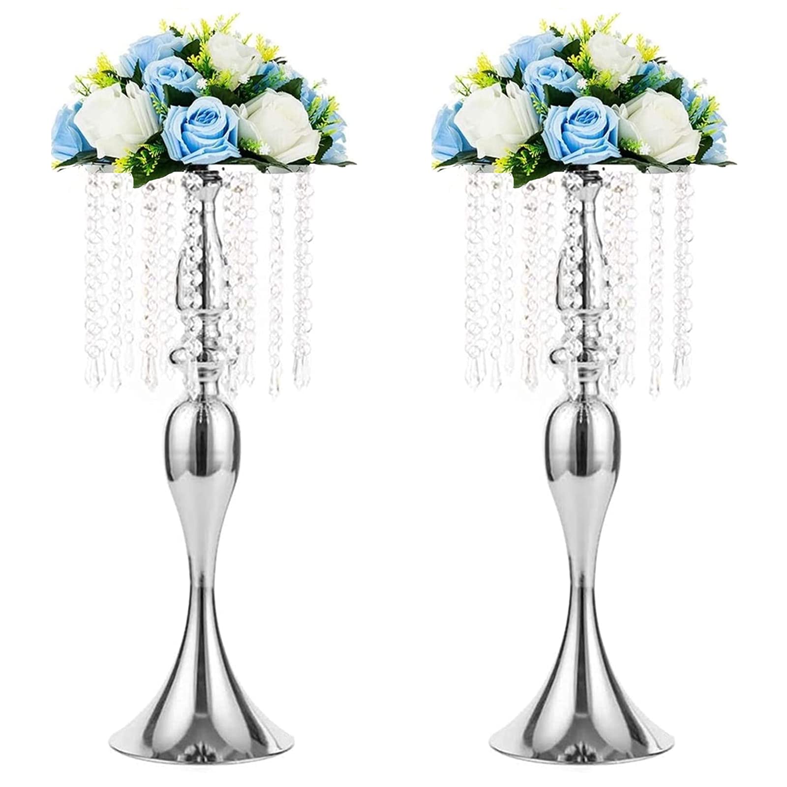 Sziqiqi - Centrotavola floreale in argento con fiore alto con perline di cristallo, per eventi, feste, matrimoni, ricevimenti, centrotavola e composizioni floreali, confezione da 2 pezzi, 54 cm