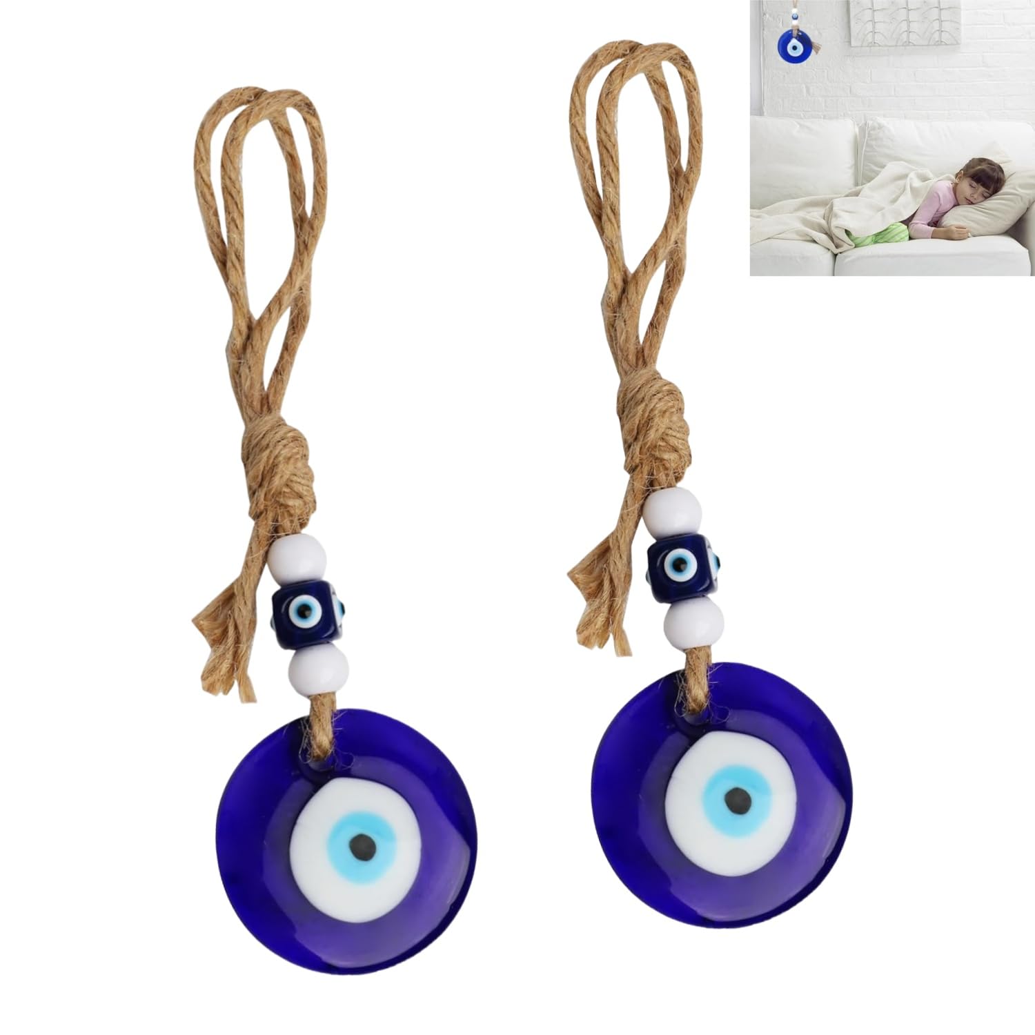 JFangZHZH 2 Pcs Blue Evil Eye Car Hanging Ornament,Handmade Evil Eye Lucky Charm Talisman,Car Charm Rear View Mirror Accessories Turkish Greek Amulet,Decoration Home Office Decor